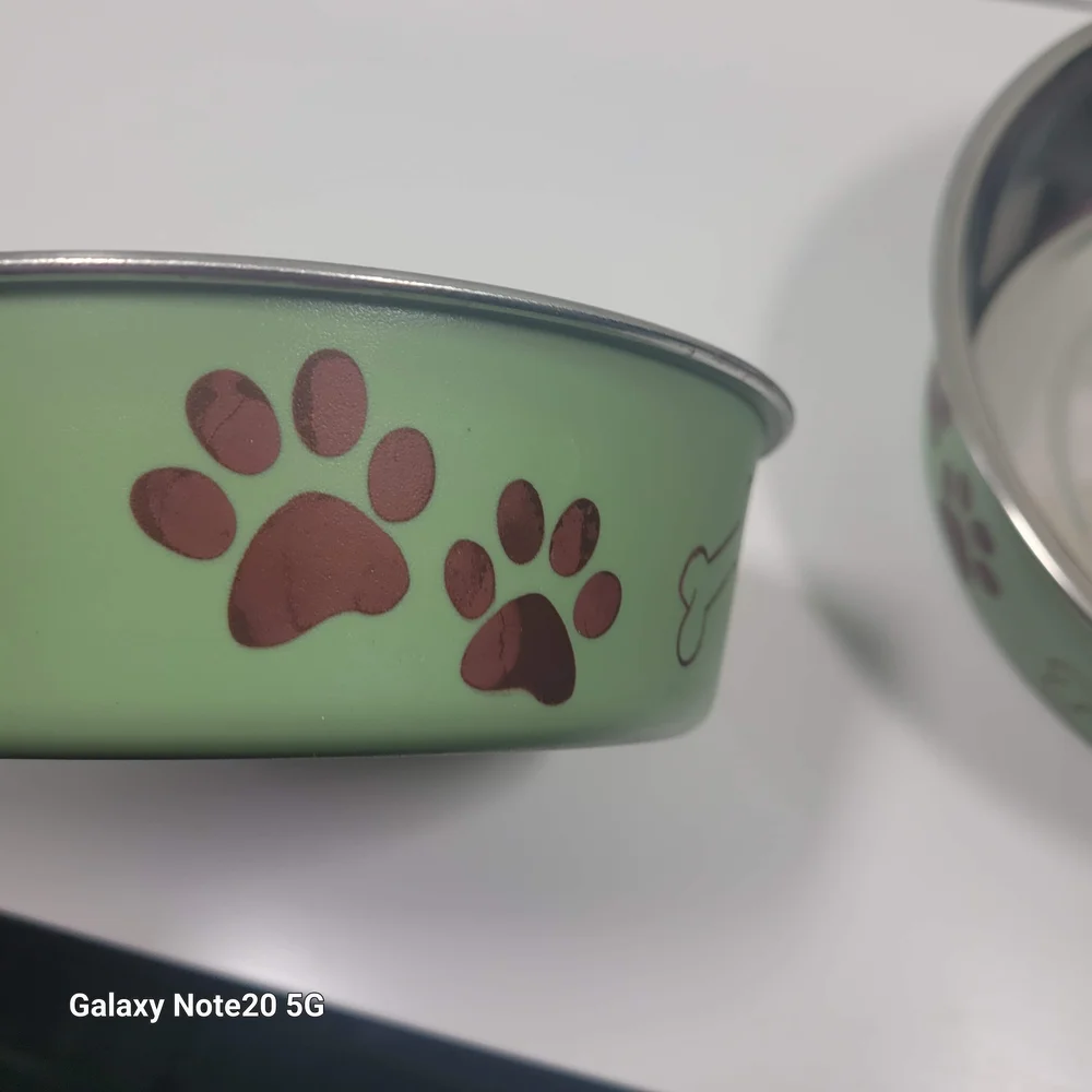 Stainless Steel Dog Bowls with Green and Red Paw Print Design